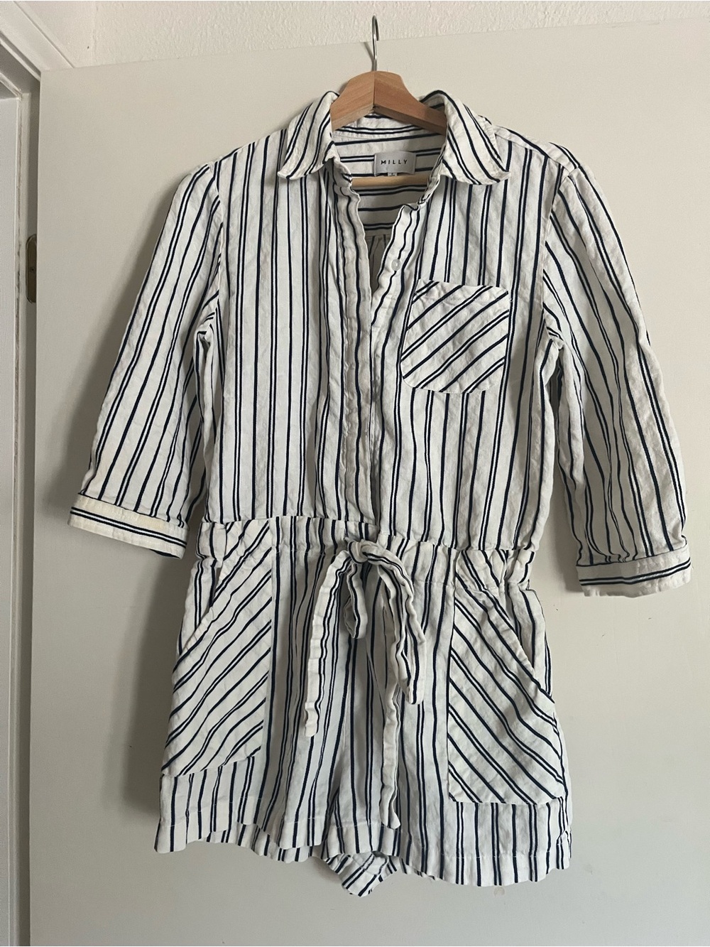 Striped White & Navy Button Romper by MILLY, small